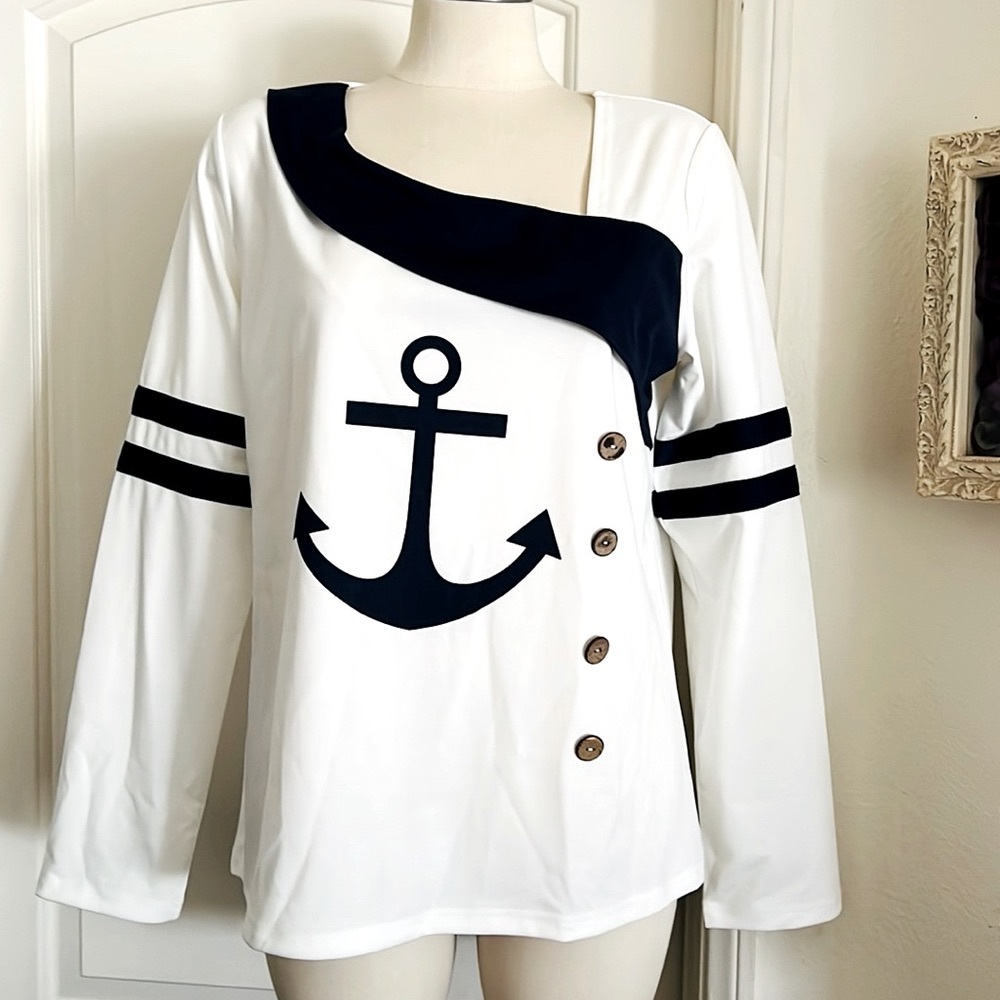 New / Nautical White / Navy Asymmetrical Top